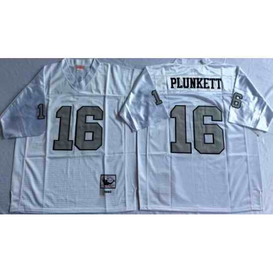 Men Las Vegas Raiders 16 Jim Plunkett White Silver M&N Throwback Jersey